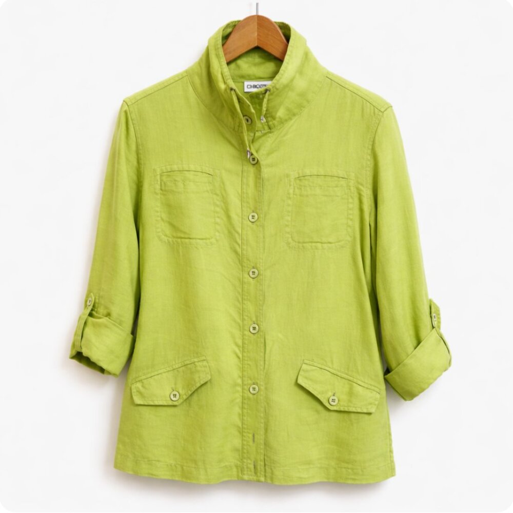 Vintage 100% Linen Lime Green Utility Jacket, Chico's Size M